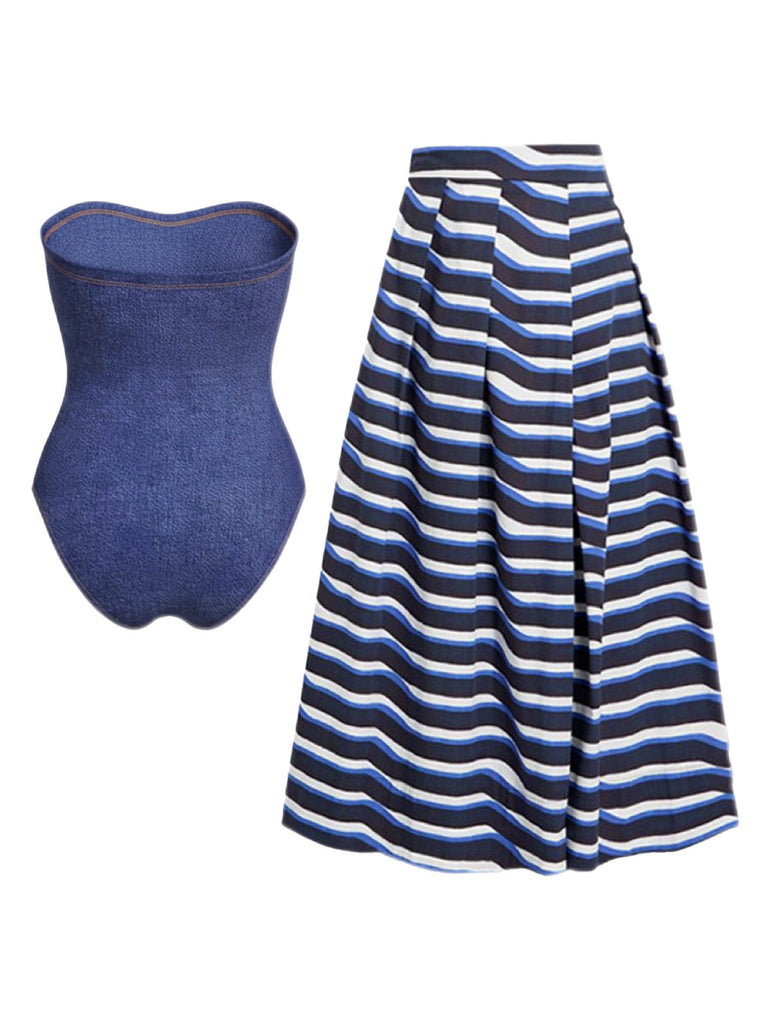 2PCS Maillot de bain bustier en jean à nœud et paréo rayé années 1980