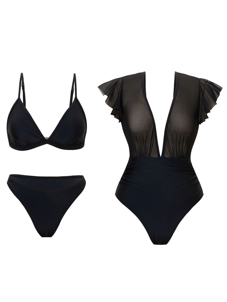 Ensemble bikini et paréo en maille unie années 1960