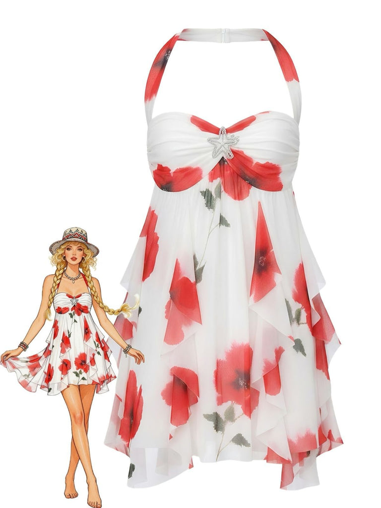 Robe babydoll rouge dos nu et ourlet asymétrique années 1960