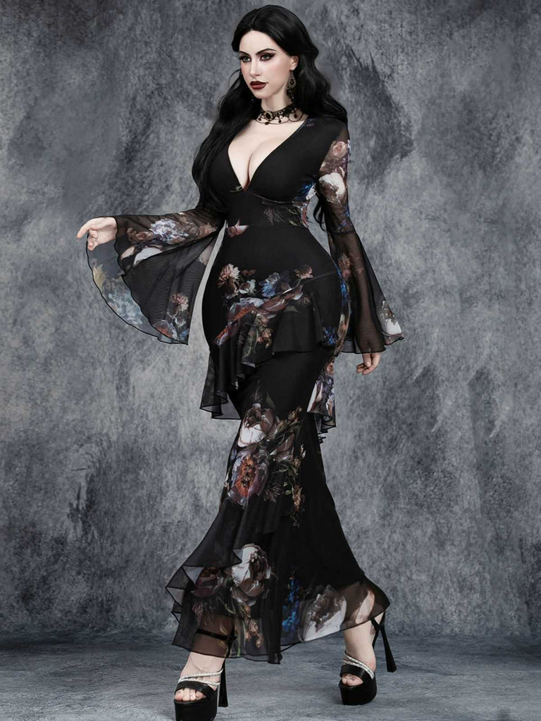 Robe sirène noire manches cloche col en V profond motif floral années 1930