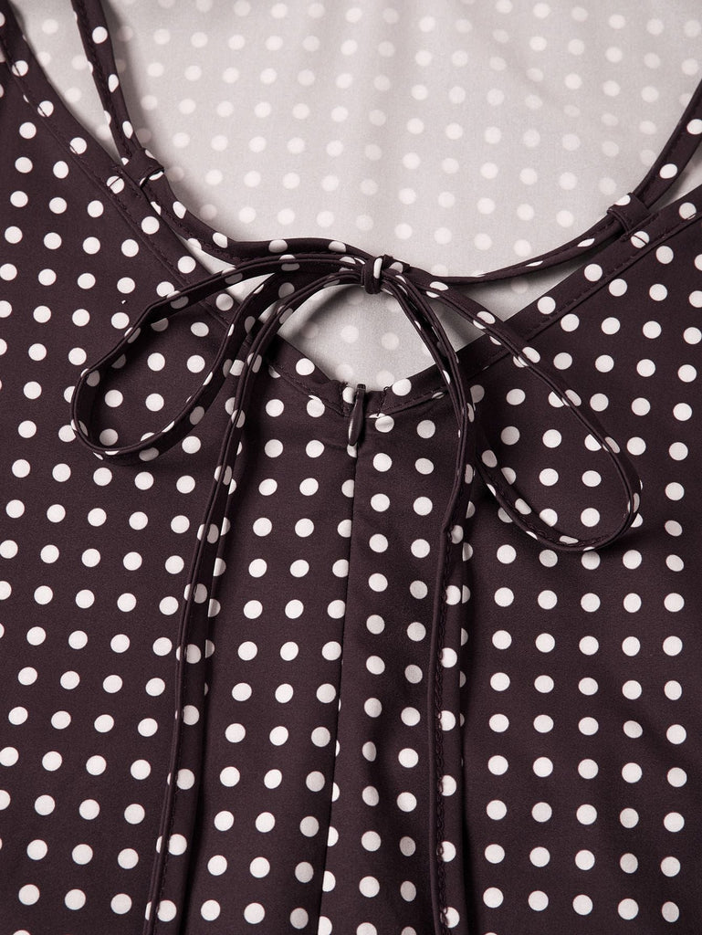 Robe marron à pois col en V et bretelles spaghetti années 1980