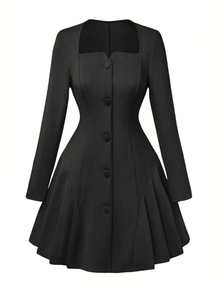 Robe Uni Plissée Manches Longues Col CœurAnnée 1950