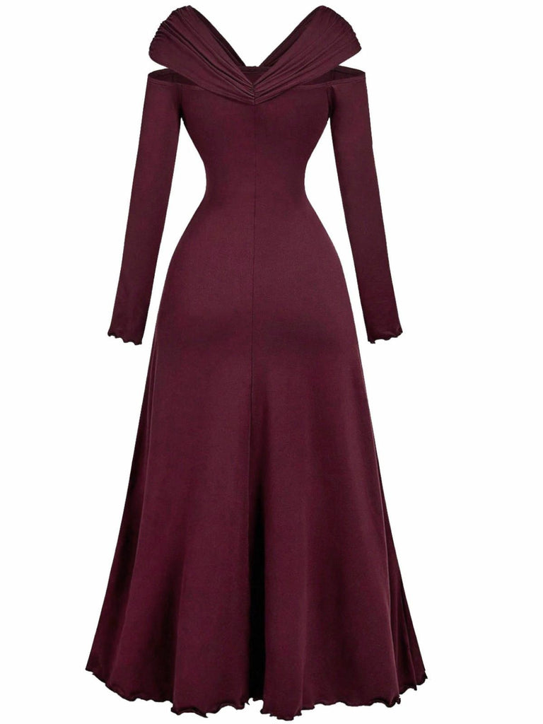 Robe plissée bordeaux épaules dénudées et manches longues années 1940