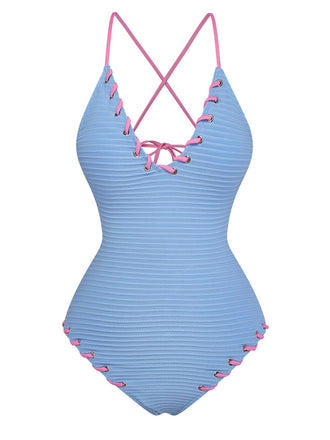 Maillot de bain une pièce bleu clair rayures lacé froncé 1950s