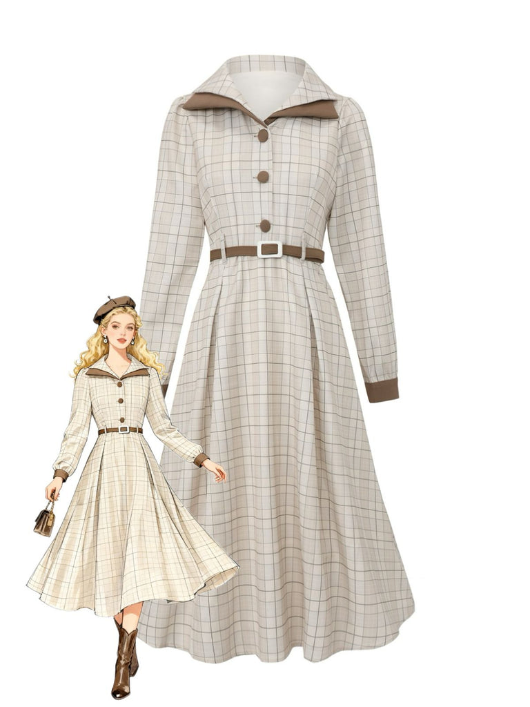 Robe Chemise Beige À Carreaux Ceinturée Boutonnée Année 1940