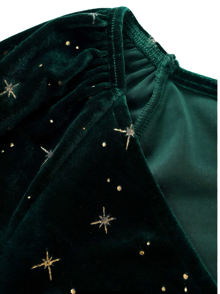 Robe en velours col en V et étoiles vert foncé des années 1940