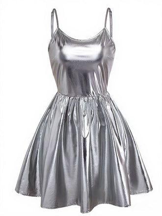 Robe de soirée argent à fines bretelles métallisées années 1980