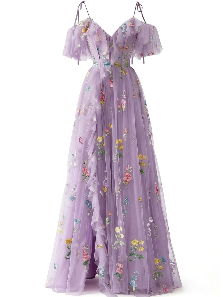 [Prévente] Robe fendue violette tulle fleurs 1970s