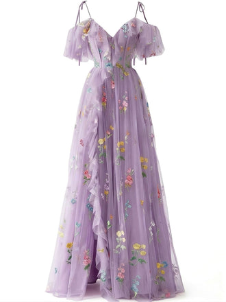 [Prévente] Robe fendue en tulle brodé de fleurs années 1970