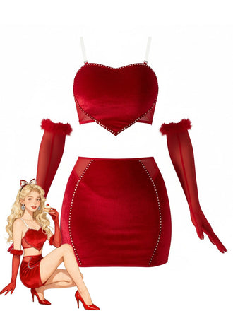 2PCS Ensemble crop top et jupe en velours rouge années 1980