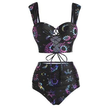 Ensemble bikini à lacets noir imprimé univers Tarot années 1980