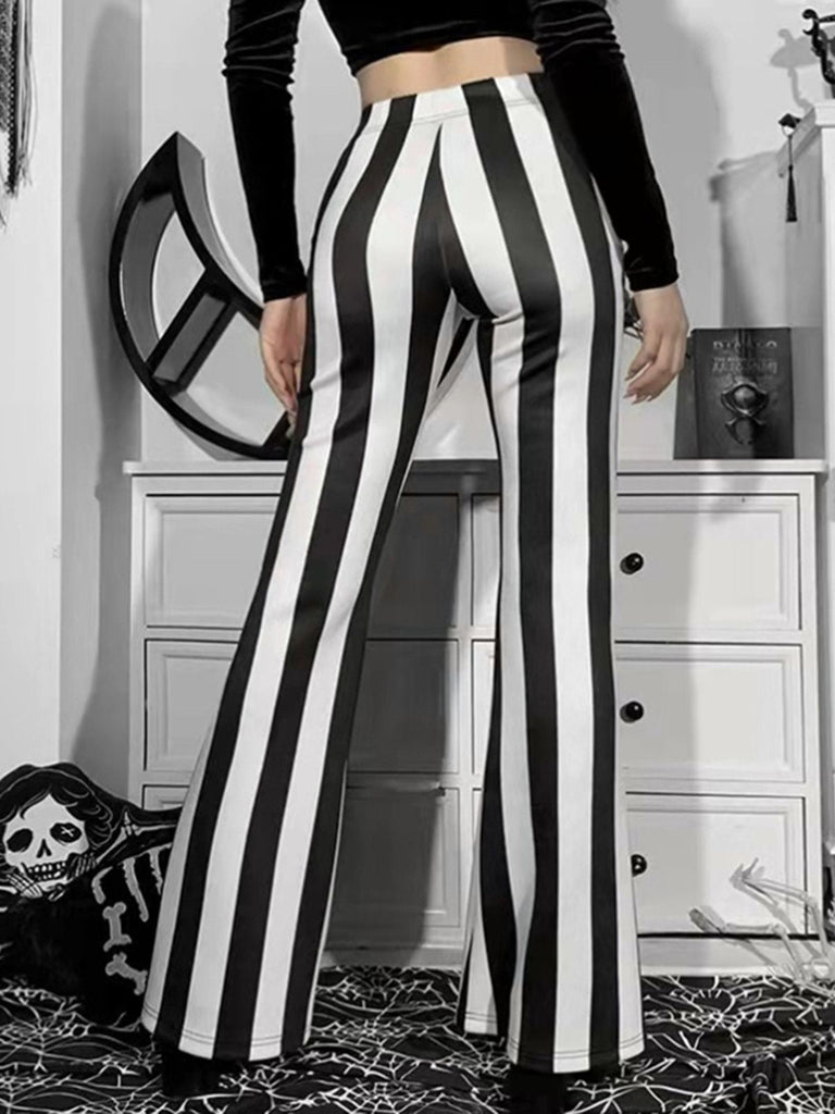 Pantalon évasé noire et blanche à rayures verticales années 1970