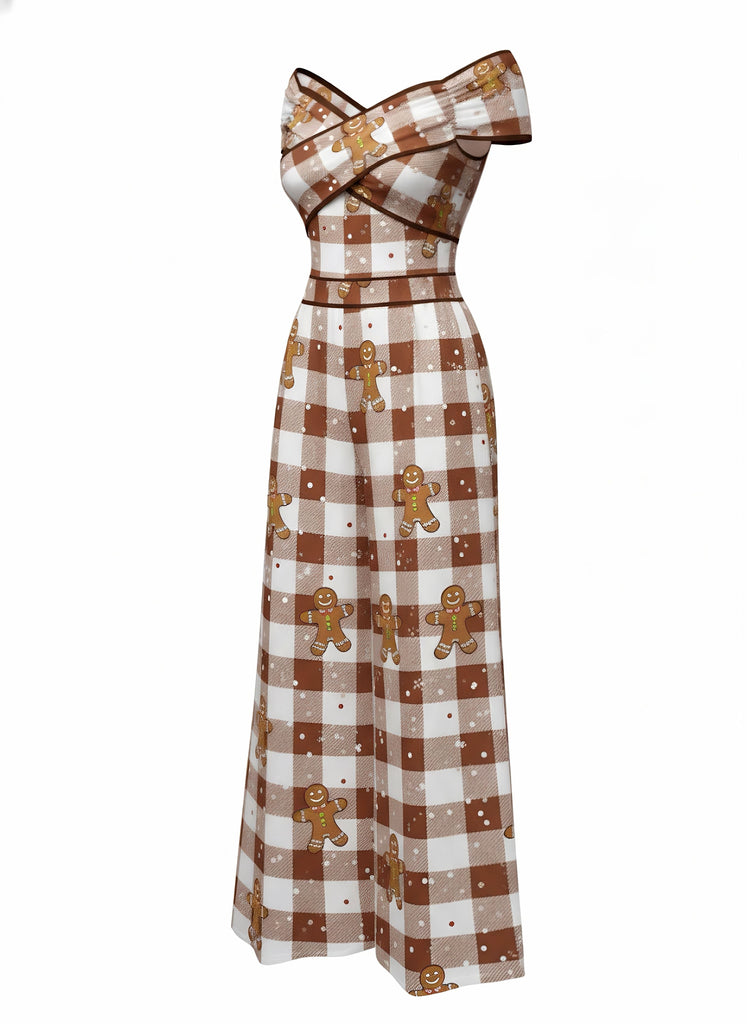 [Pré-vente] Combinaison marron à épaules dénudées carreaux et pain d'épices des années 1960