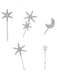 Set of silver hairpins with star and moon designs on a white background