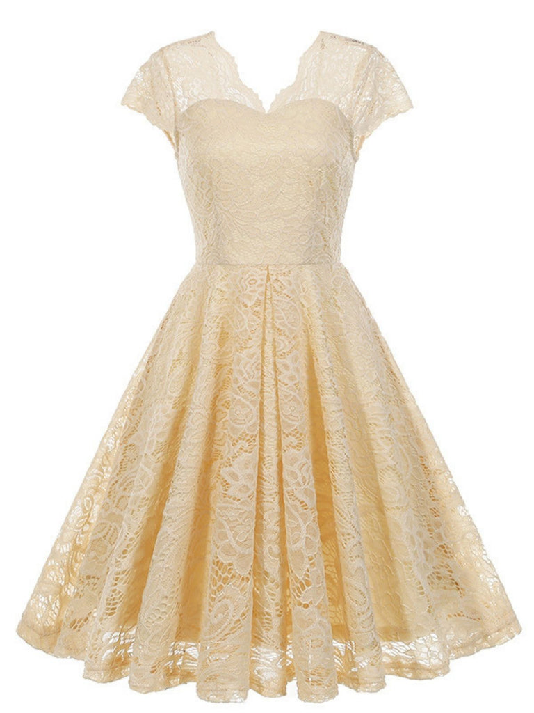Robe en dentelle unie à col en V et sans manches années 1950