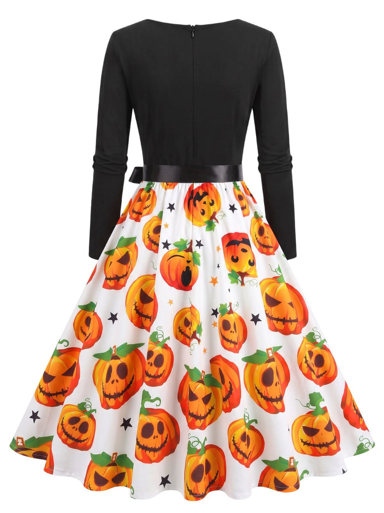 Robe d’Halloween à citrouilles et étoiles, col pétale années 1950