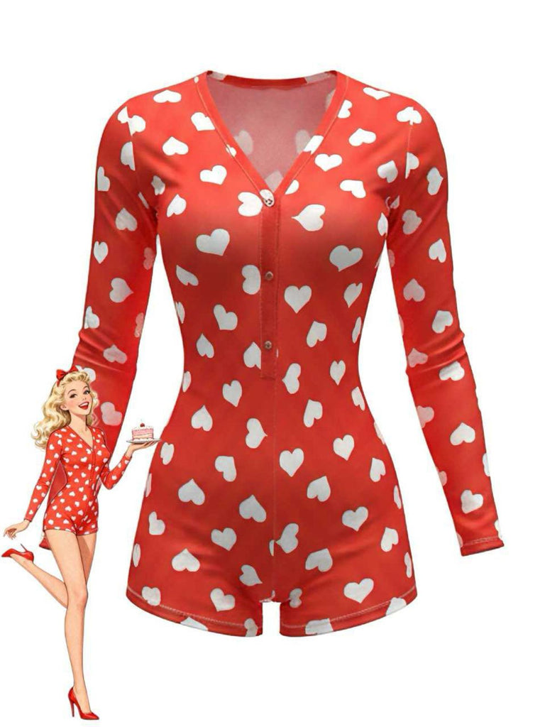 Combinaison pyjama col en V et imprimé cœur années 80