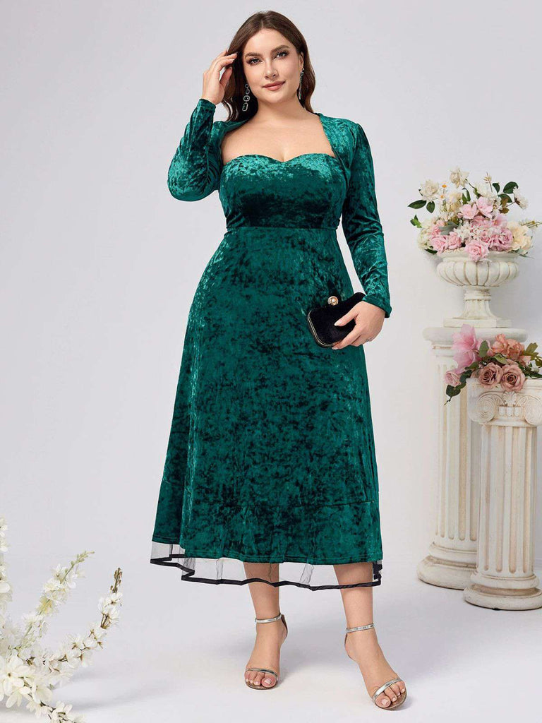 [Grande taille] 2PCS robe col en cœur et manteau en velours vert années 40