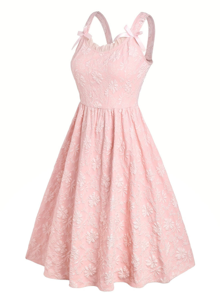 [Prévente] [Grande taille] Robe rose à fleurs en relief avec nœud papillon années 1940