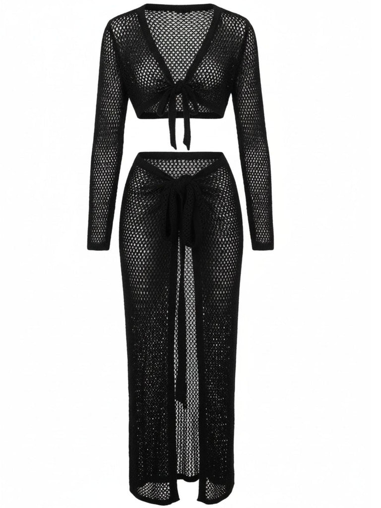 2PCS Ensemble de paréo de plage vert à manches longues en crochet années 1960