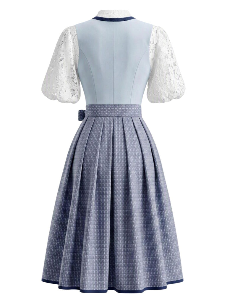Ensemble 2PCS bleu avec robe florale à col carré, tablier et top court Années 1950