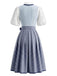 Ensemble 2PCS bleu avec robe florale à col carré, tablier et top court Années 1950
