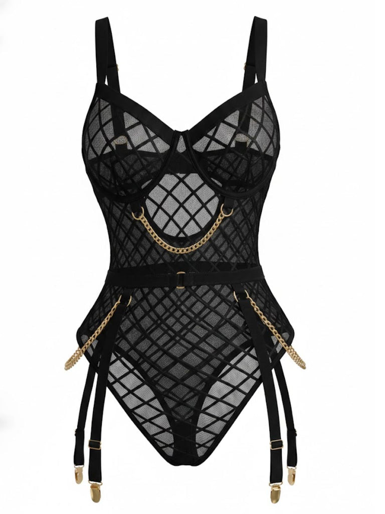 Lingerie en résille transparente à bretelles et chaînes années 1970