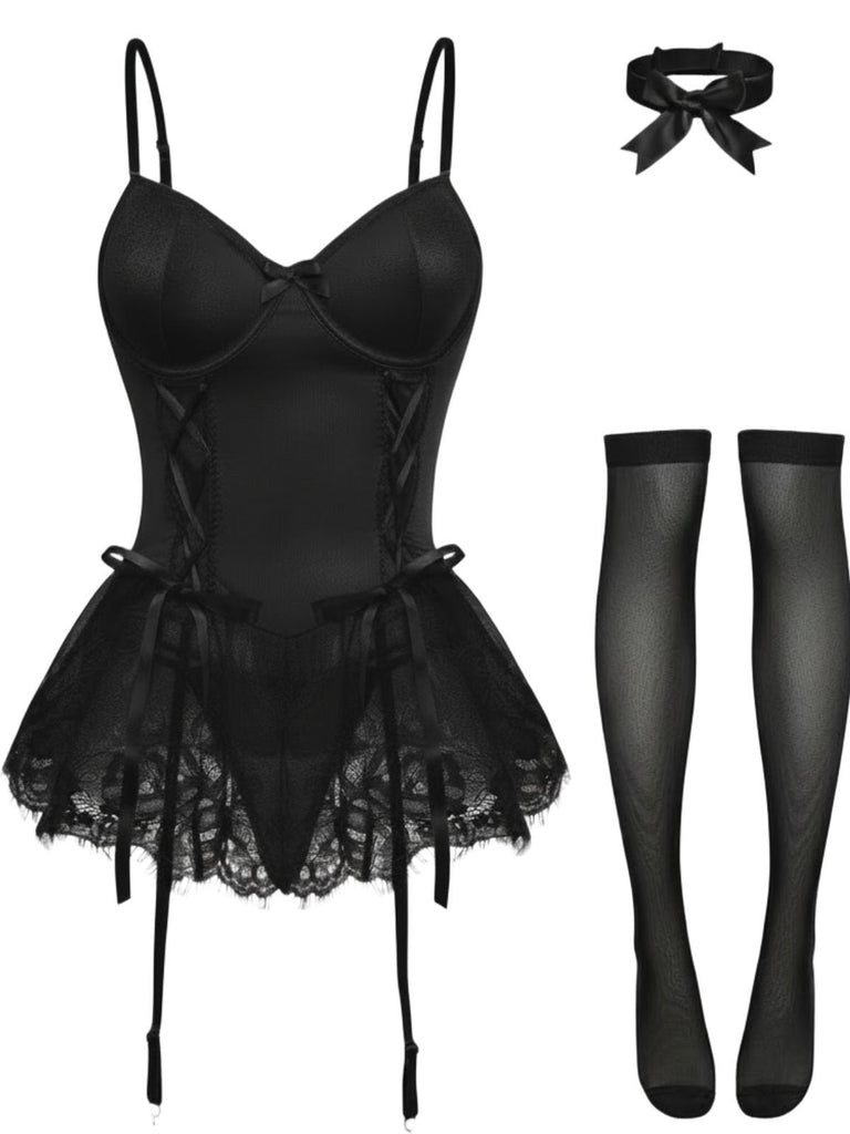 Ensemble body corset orné de dentelle des années 1960