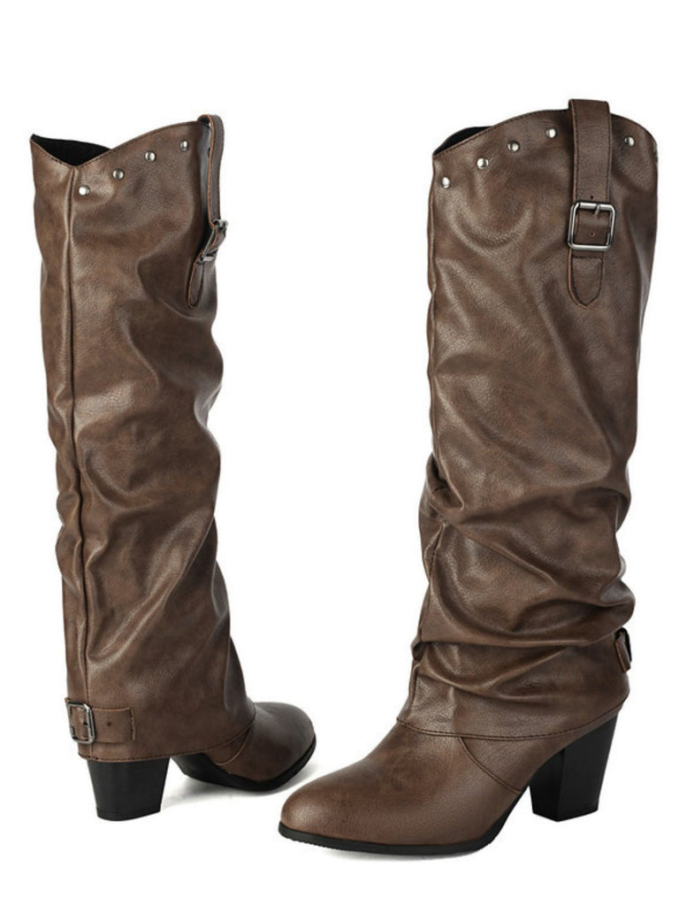 Bottes mi-mollet vintage à boucle cloutée