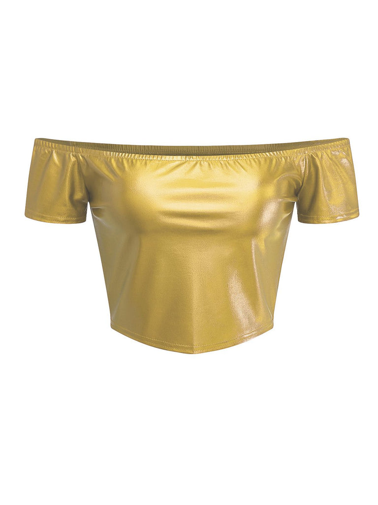 1970s Haut disco métallisé à épaules dénudées et manches courtes