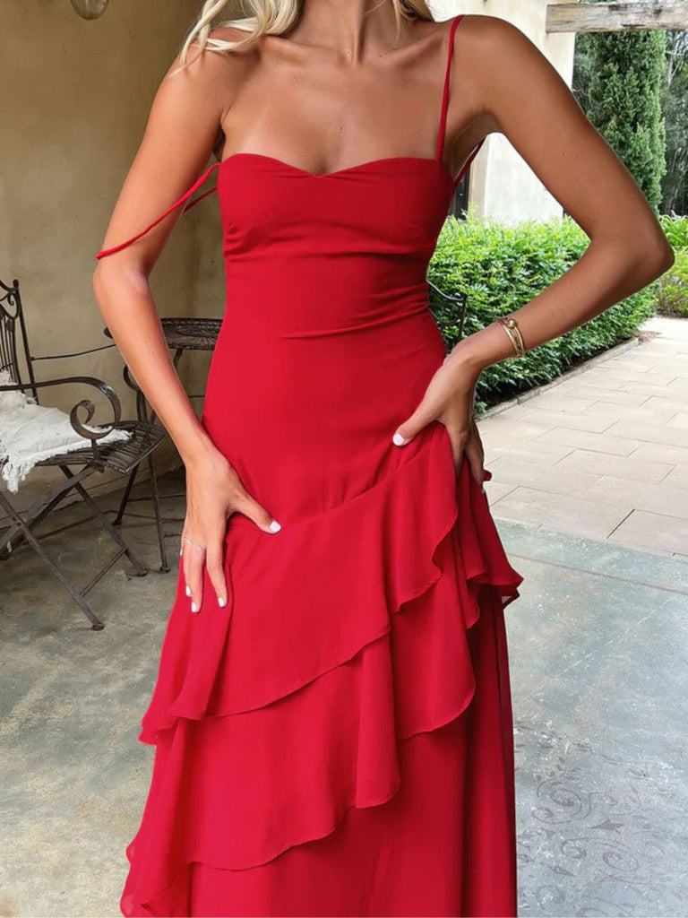 Robe à bretelles à lacets dans le dos à volants rouge unie années 1930