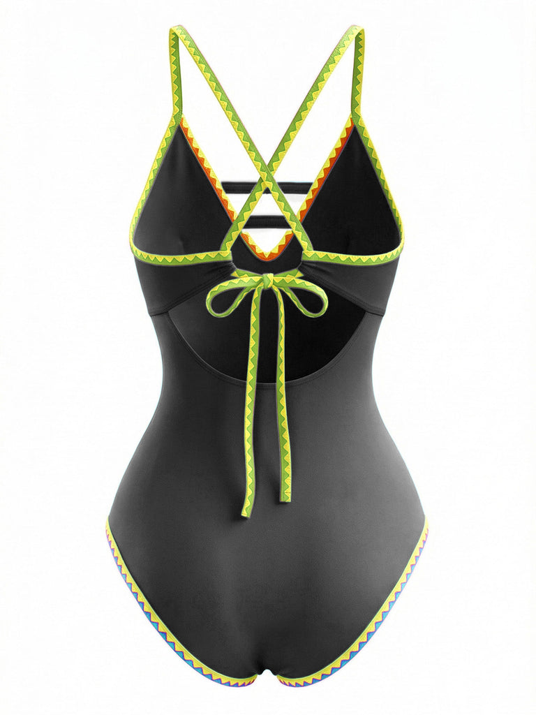 Maillot de bain une pièce à bretelles découpées color block années 1970