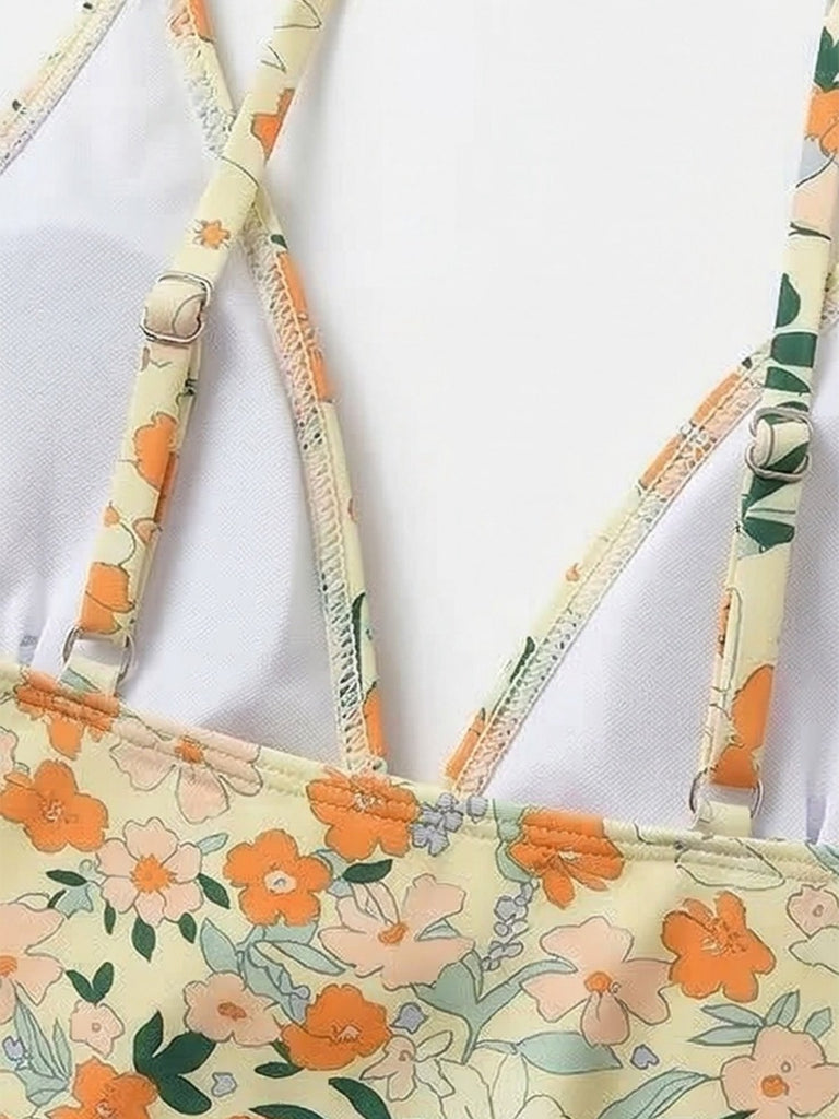 Maillot de bain une pièce fronces et col V fleuri années 1980