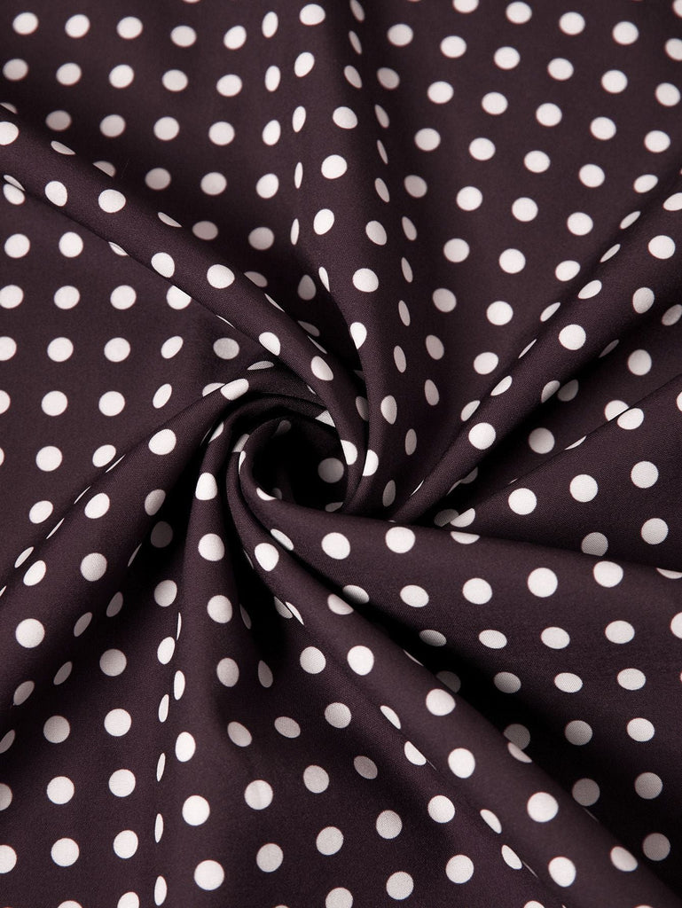 Robe marron à pois col en V et bretelles spaghetti années 1980