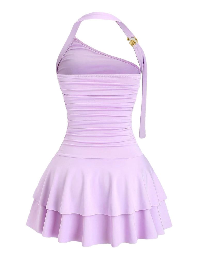 Robe violette dos nu à volants et détails métalliques années 60