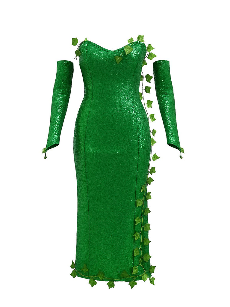Ensemble bandeau à feuilles multiples et robe à paillettes vert années 1970