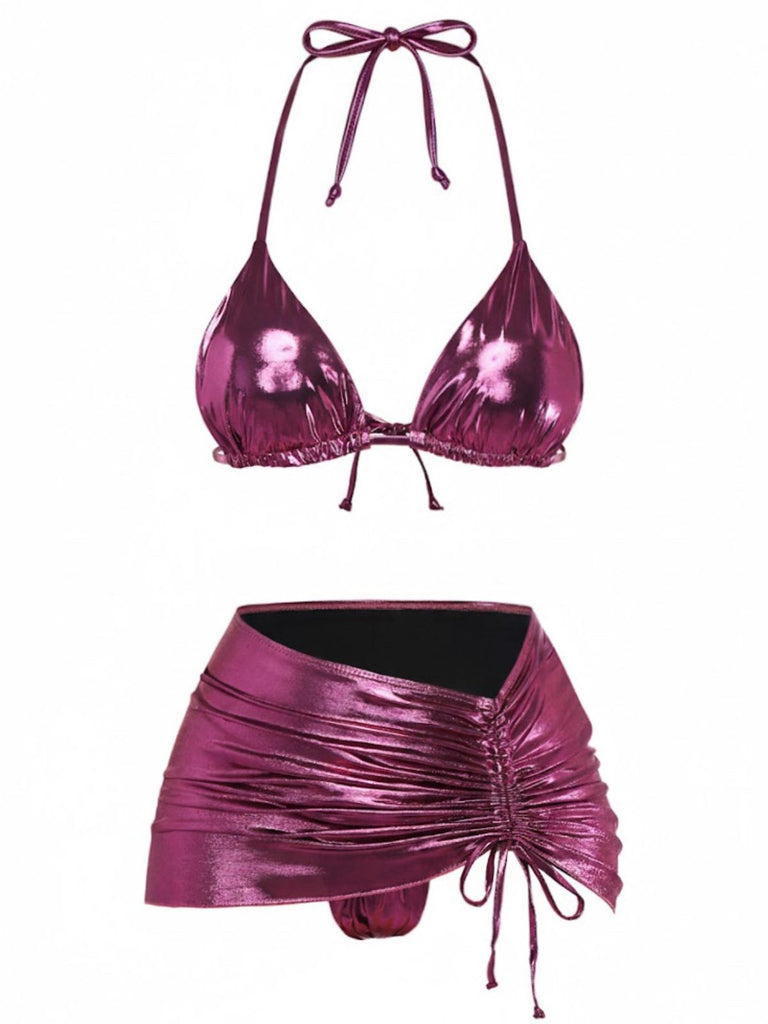 Ensemble bikini métallisé uni à bretelles années 1970