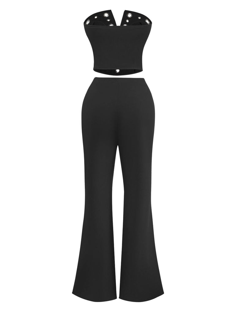 2PCS Haut & Pantalon Punk Sans Bretelles Boucle Métallique Année 1970