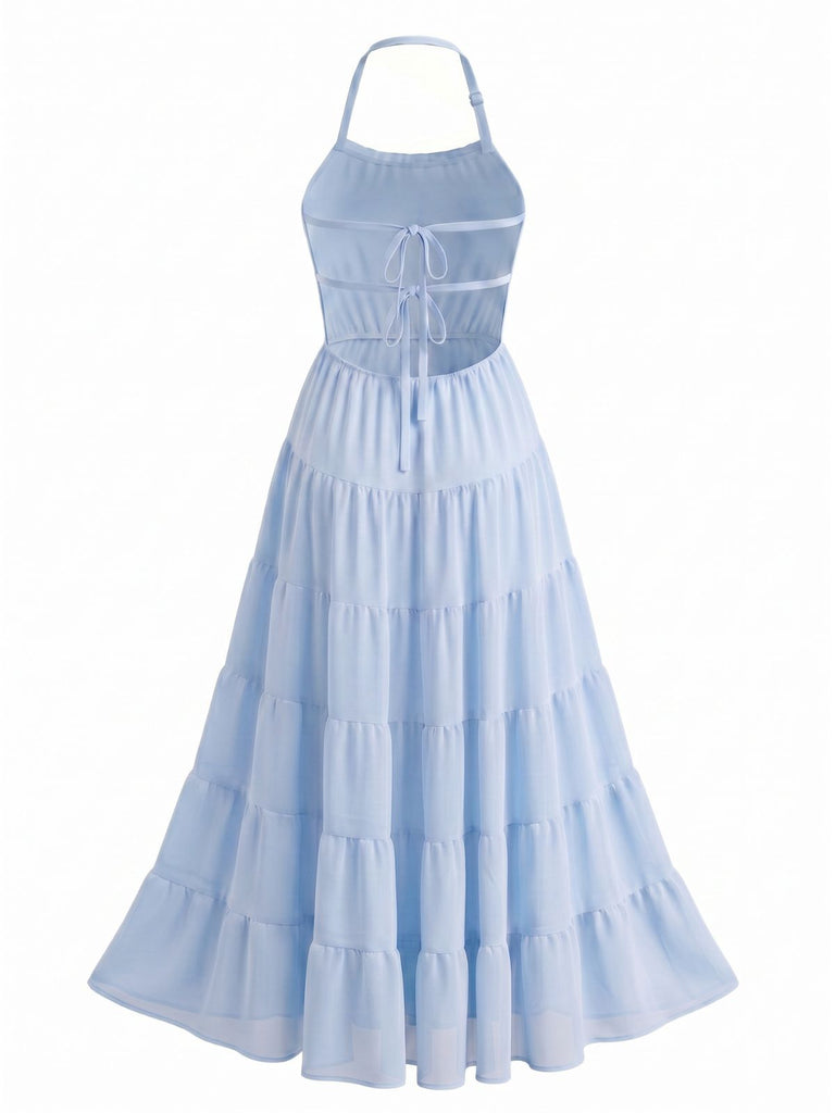 Robe Maxi à Étages Dos-Nu en Mousseline Froncée Années 70