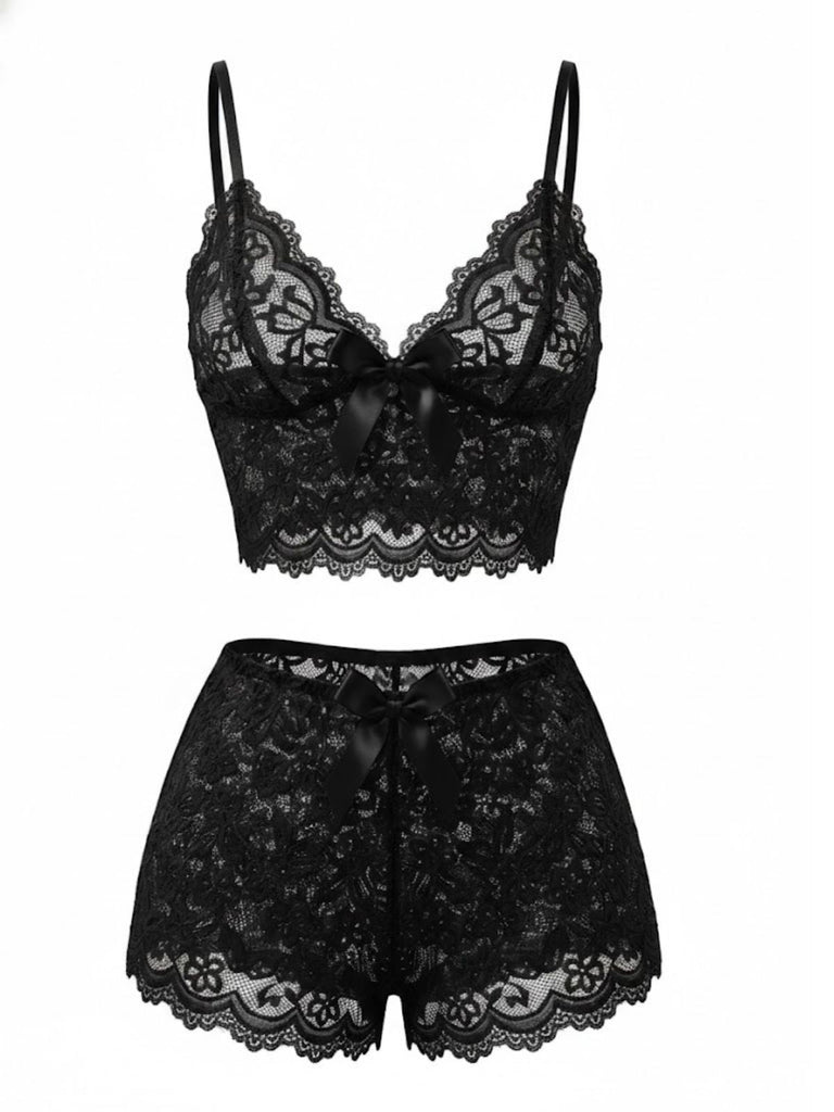 Ensemble De Pyjama Bretelles Fin Dentelle Fleurie Nœud Rouge Année 1960