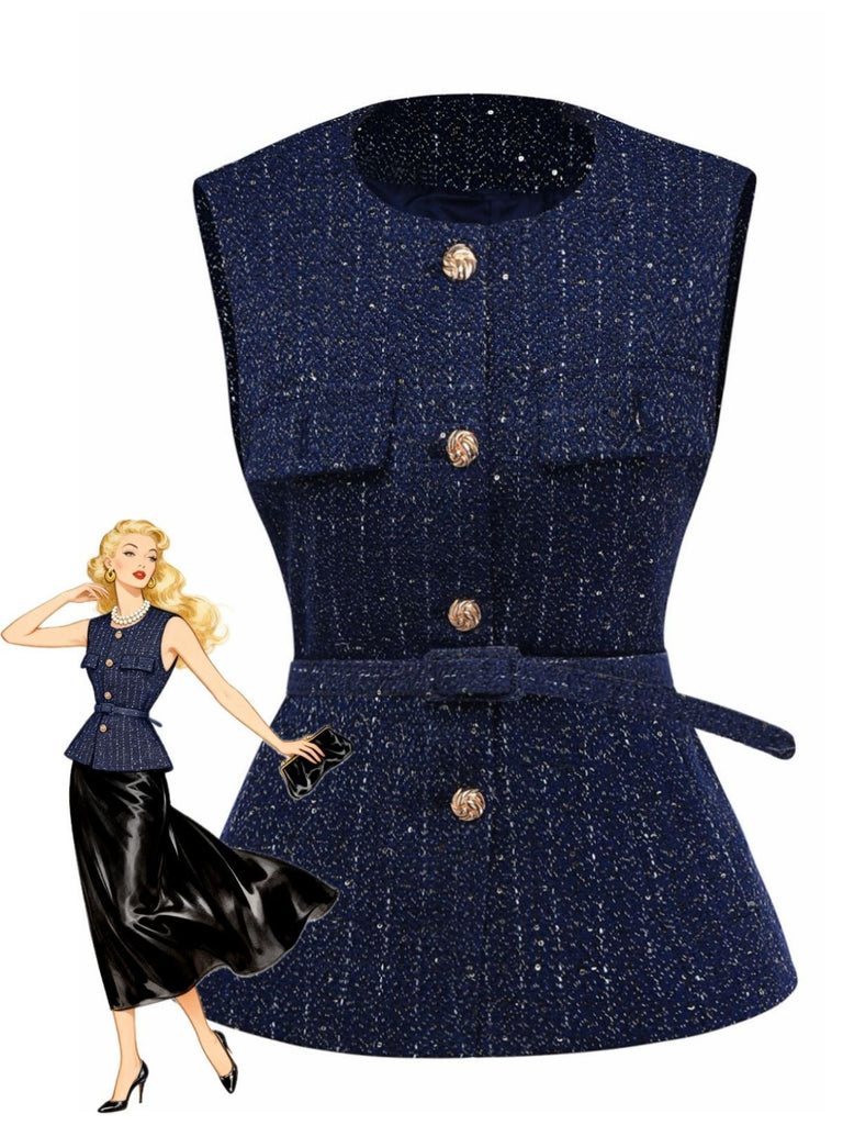 Gilet en tweed uni à boutons et ceinture années 1960