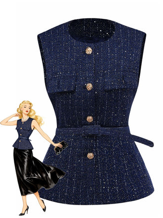 Gilet en tweed uni à boutons et ceinture années 1960