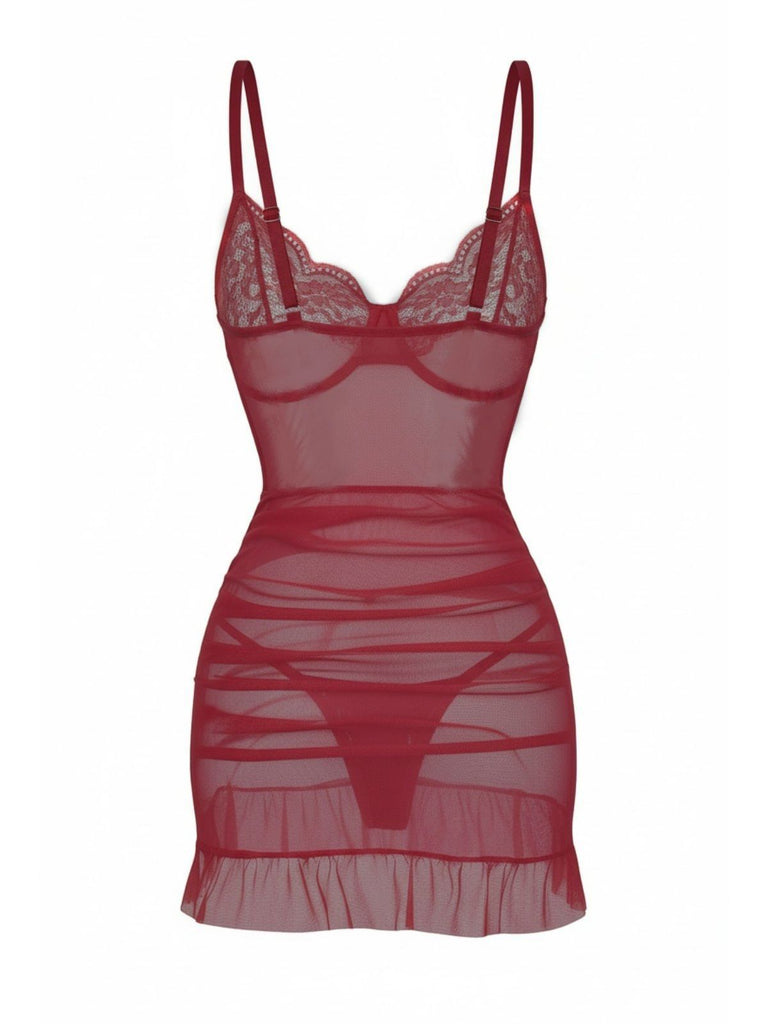 Nuisette en dentelle transparente à armatures et volants années 1980