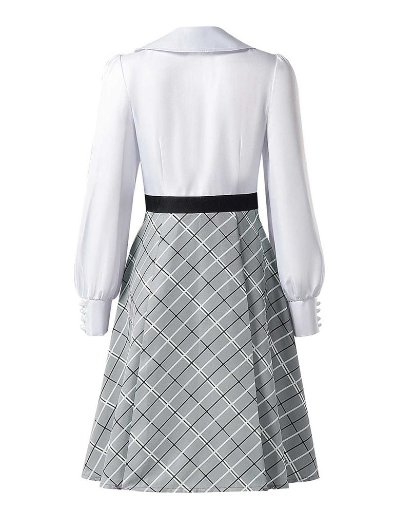 Robe grise à carreaux avec nœud et col claudine des années 1940