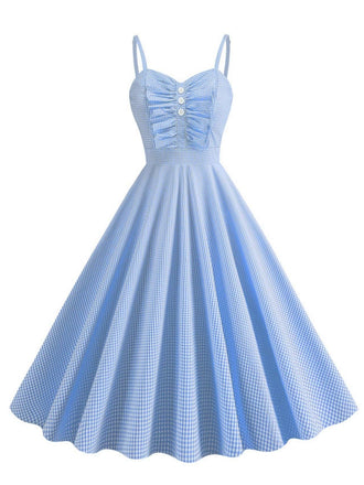 Robe trapèze boutonnée à bretelles spaghetti et carreaux des années 1950