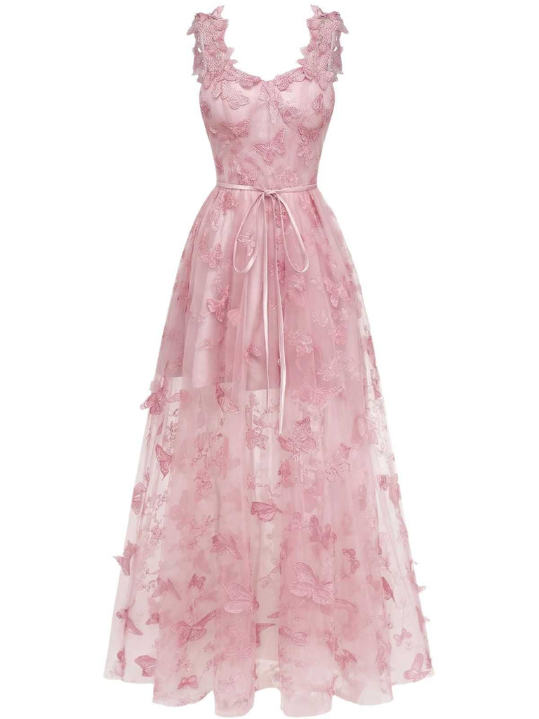 Robe Maxi Bretelles Épaghetti Papillons 3D Maille Années 1930