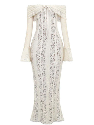 Robe sirène maxi en dentelle à épaules dénudées et manches évasées années 1930