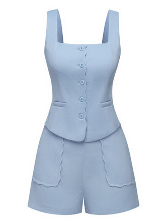 2PCS Haut boutonné à col carré et short bleu uni des années 1960