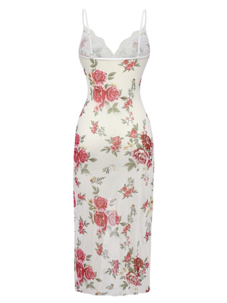 Chemise de nuit bordures en dentelle roses à bretelles années 1930