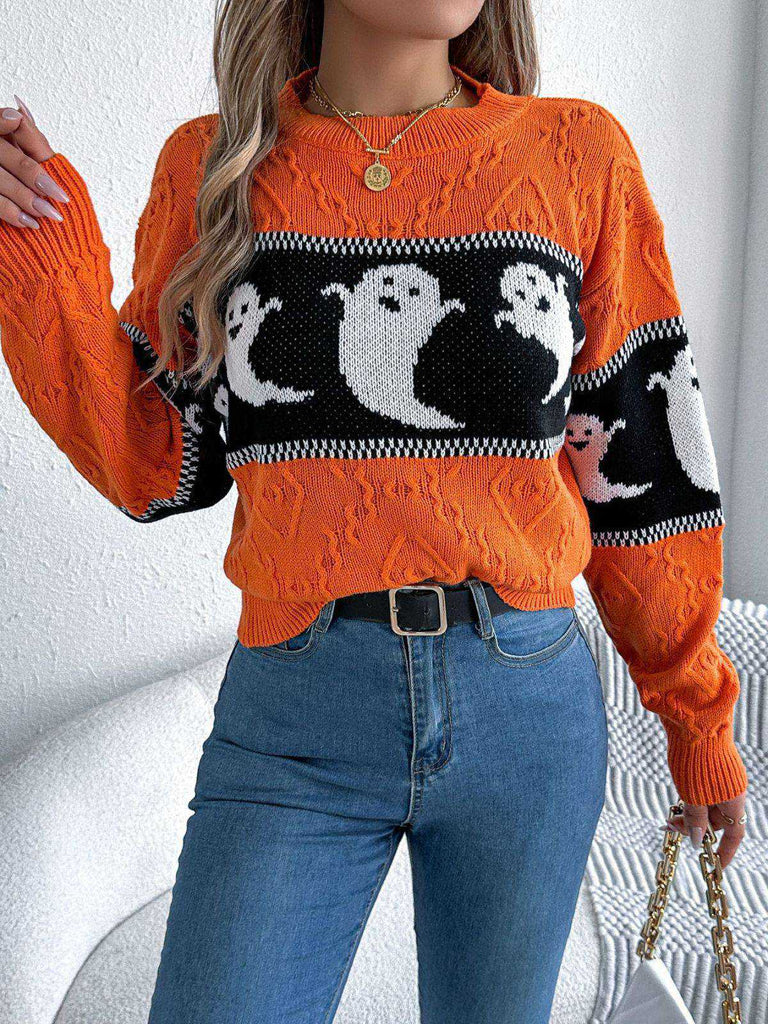 Pull orange en tricot fantôme d'Halloween des années 1940
